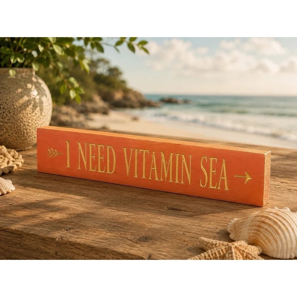 90s I Need Vitamin Sea Wood Sign arrow coral gold beach house 3x24 vacation